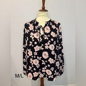 Womens Black Floral Tie-Neck Blouse - Pink Floral Print